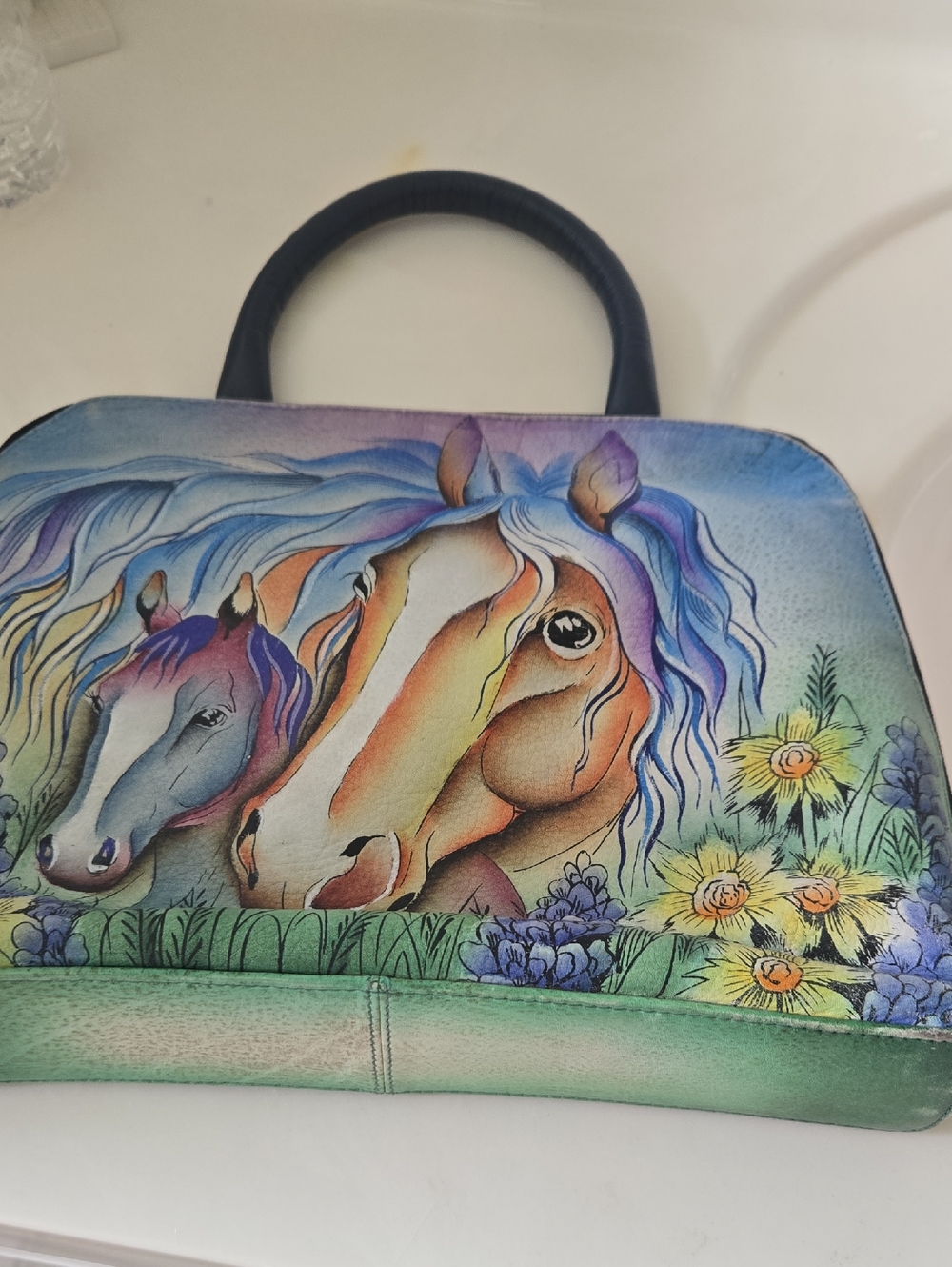 Purple Artistic Crossbody Bag with Tan Trim..ANUSCHKA HAND PAINTED